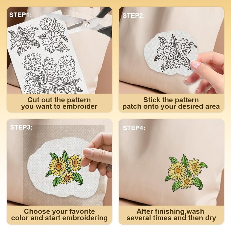 DOODLREAM 18Pcs Sunflowers Bouquets Embroidery Pattern Stabilizers, 8.3"x11.7" Sunflower Water Soluble Stick and Stitch Embroidery Stickers, 4 Sheets Floral Hand Sewing DIY Embroidery Paper - Image 3